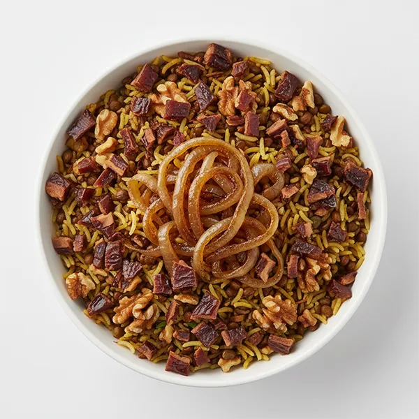 Brown Lentil & Basmati Mix with Saffron, Medjool Dates, Toasted Walnuts & Caramelized Onions